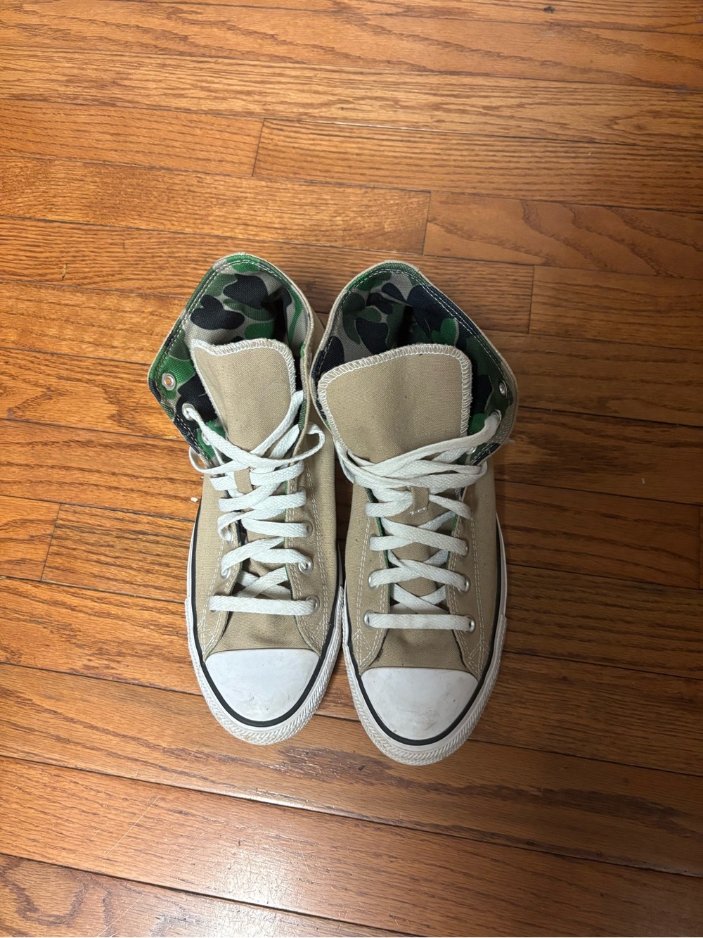 Men’s High-Top Canvas Sneakers in Tan with Green Camo Lining - Picture 3 of 9